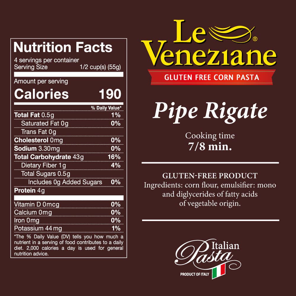 LE VENEZIANE Gluten Free PIPE RIGATE Pasta - 8.8 oz